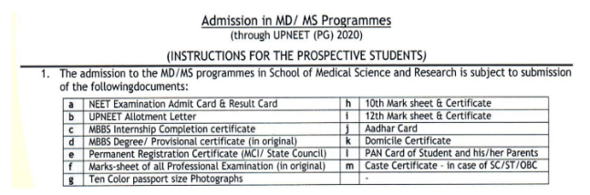 Documents Required for PG Admission at Subharti Medical College