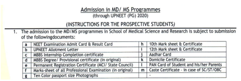 Documents required for pg admission at career medical college