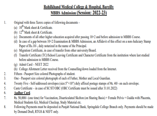 Documents required for mbbs admission at rohilkhand medical college