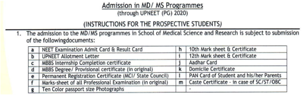 Documents required for pg admission at saraswathi institute of medical sciences