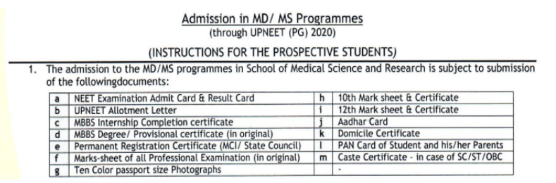 Documents required for pg admission at shri ram murti smarak institute of medical sciences