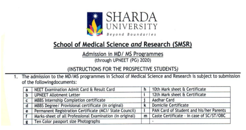 Documents Required for PG Admission at Sharda Medical College