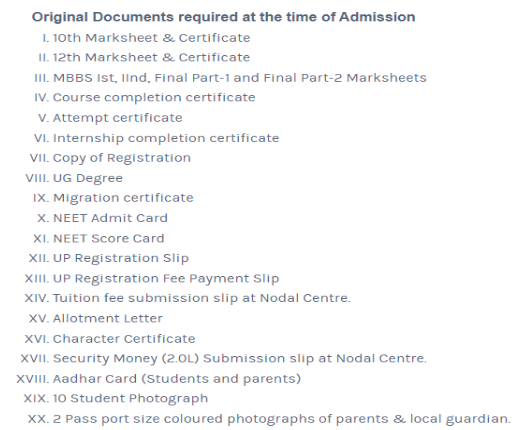 Documents required for pg admission at rama medical college hapur