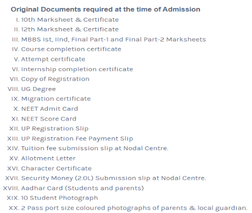 Documents required for pg admission at rama medical college kanpur