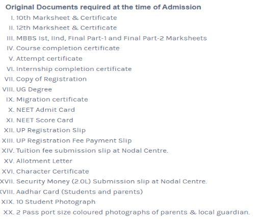 Documents required for pg admission at kd medical college mathura