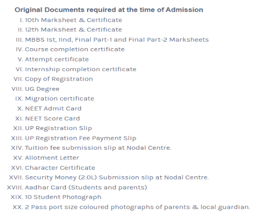 Documents required for pg admission at krishna mohan medical college mathura