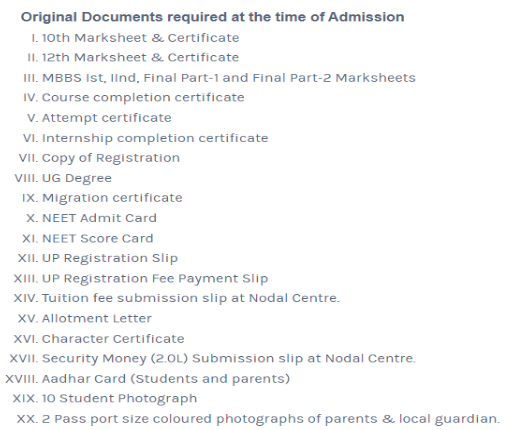 Documents required for pg admission at mayo institute of medical sciences