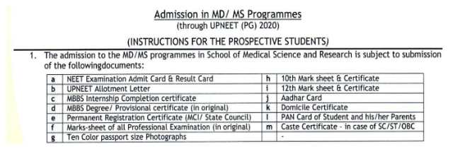 Documents required for pg admission at gs medical college hapur 