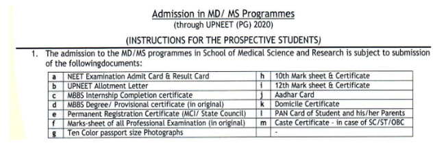 Documents required for pg admission at fh medical college agra