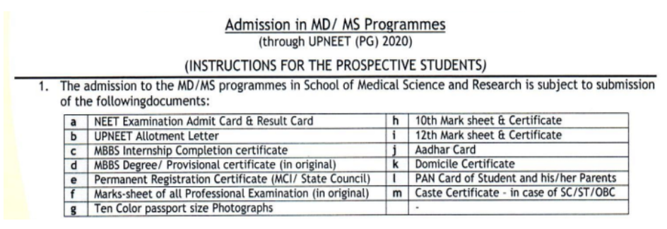 Documents required for pg admission at era medical college lucknow