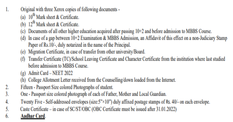 Documents required for mbbs admission at hind institute of medical sciences, barabanki