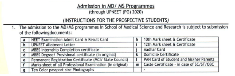 Documents required for pg admission at hind institute of medical sciences, barabanki