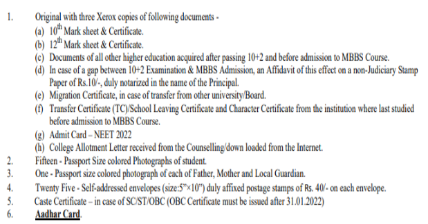 Documents required for mbbs admission at hind institute of medical sciences, sitapur