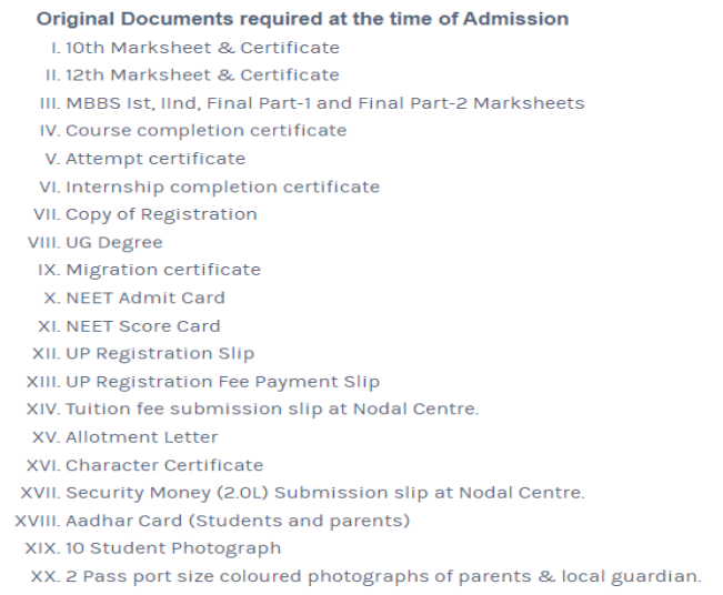 Documents required for pg admission at rajshree medical college bareilly