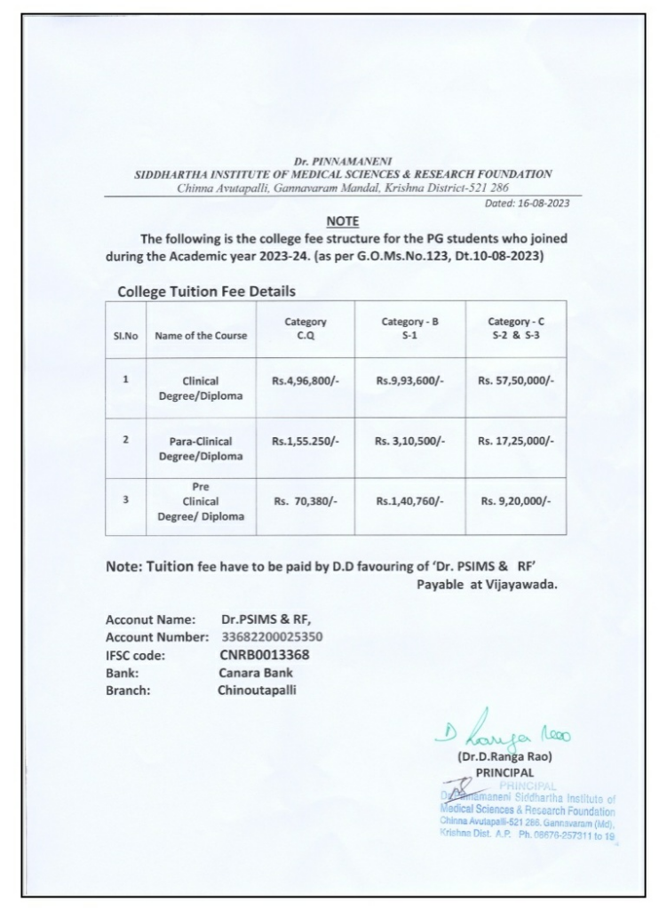 Dr. Pinnamaneni siddhartha medical college pg fees