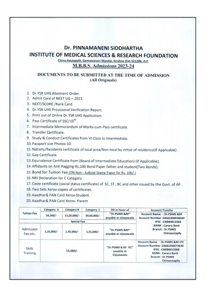 Documents for mbbs admission at dr. Pinnamaneni siddhartha medical college