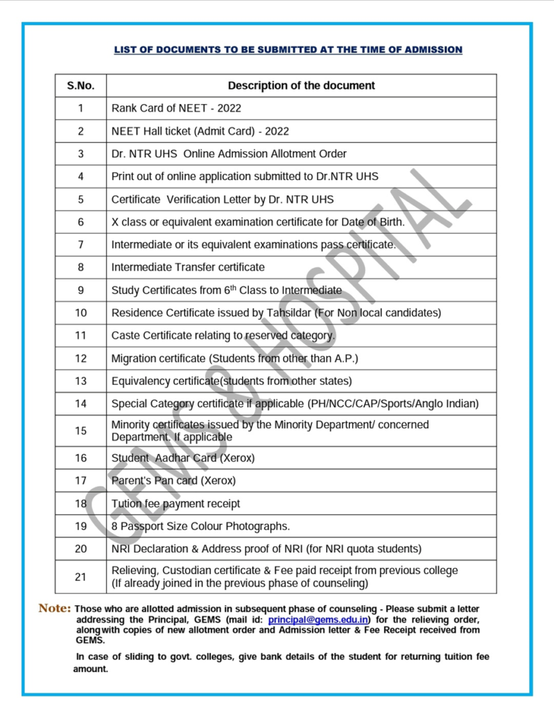 Documents for mbbs admission at fathima institute of medical sciences