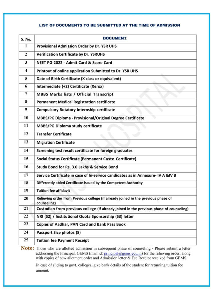 Documents for pg admission at gvp medical college