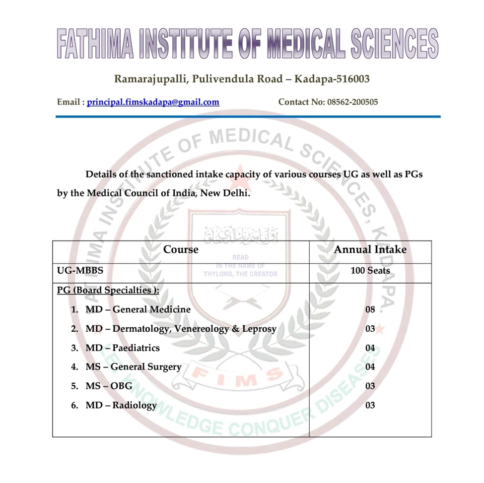 Fathima institute of medical sciences seat intake