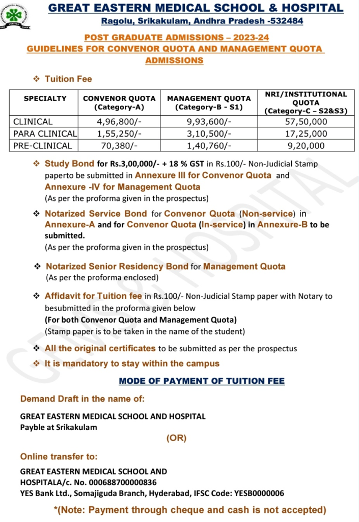 Great eastern medical school and hospital pg fees