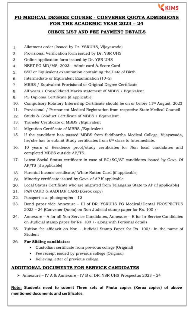 Documents for pg admission at konaseema institute of medical sciences