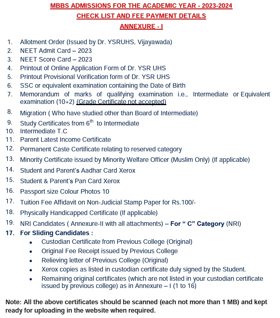 Documents for mbbs admission at gsl medical college