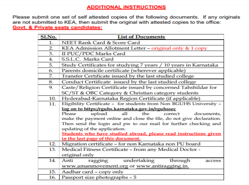 Documents list for mbbs admission at mahadevappa rampure medical college