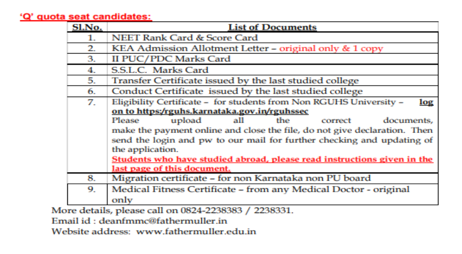 Documents list for q quota seat candidates mbbs admission at mahadevappa rampure medical college