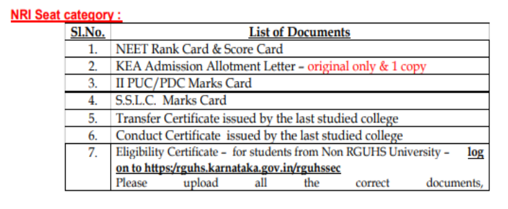 Documents list for nri seat category mbbs admission at ms ramaiah medical college