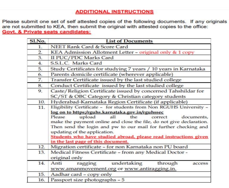 Documents list for mbbs admission at ms ramaiah medical college