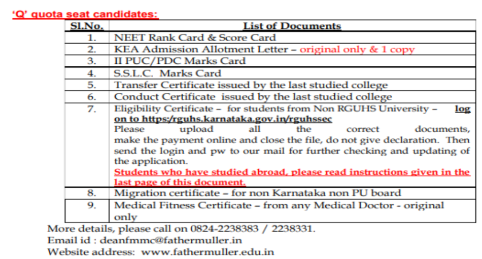 Documents list for q quota seat candidates mbbs admission at ms ramaiah medical college