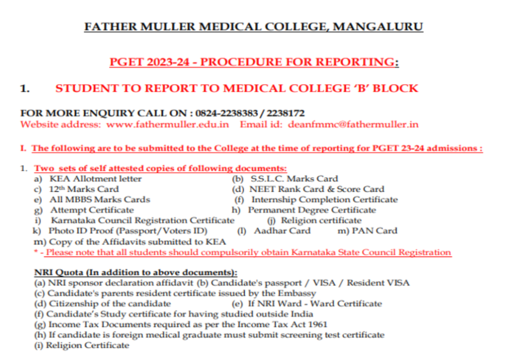 Documents list for pg admission at ms ramaiah medical college