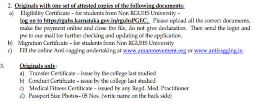 Documents list for pg admission at ms ramaiah medical college