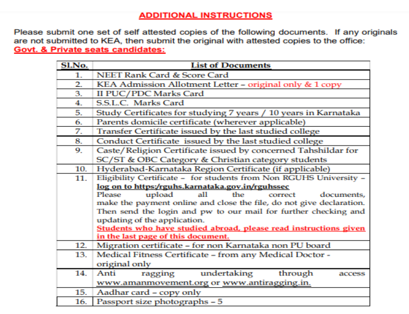 Documents list for mbbs admission at dr chandramma dayananda sagar medical college