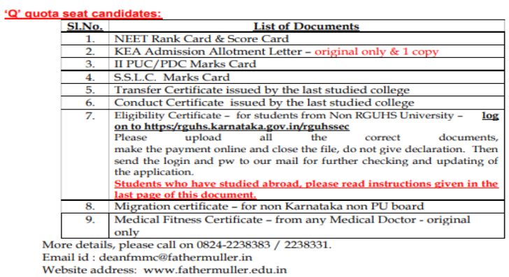 Documents list for q quota seat candidates mbbs admission at dr chandramma dayananda sagar medical college