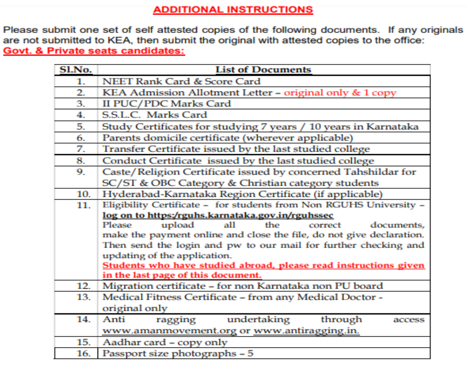 Documents list for mbbs admission at bgs global institute of medical sciences