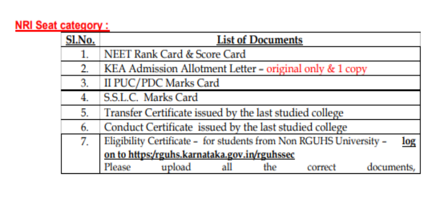 Documents list for nri seat category mbbs admission at bgs global institute of medical sciences