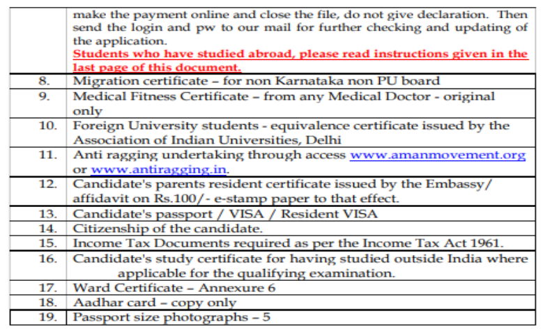 Documents list for nri seat category mbbs admission at bgs global institute of medical sciences