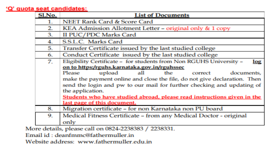 Documents list for q quota seat candidates mbbs admission at bgs global institute of medical sciences