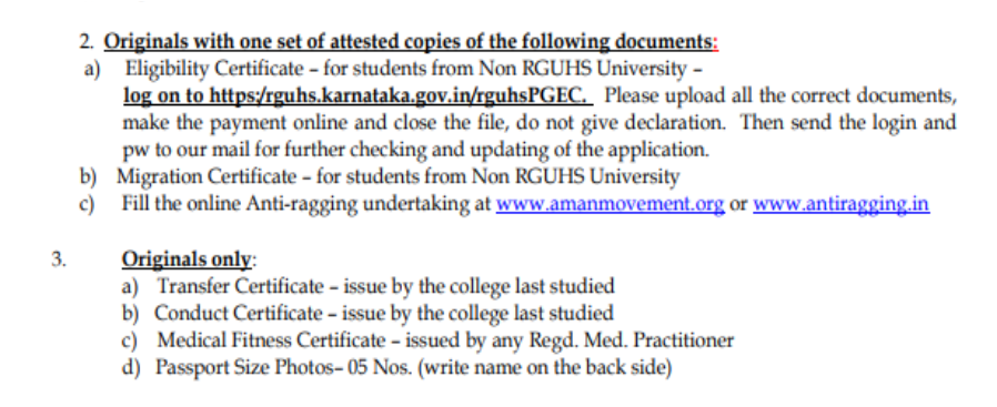 Documents list for pg admission at bgs global institute of medical sciences