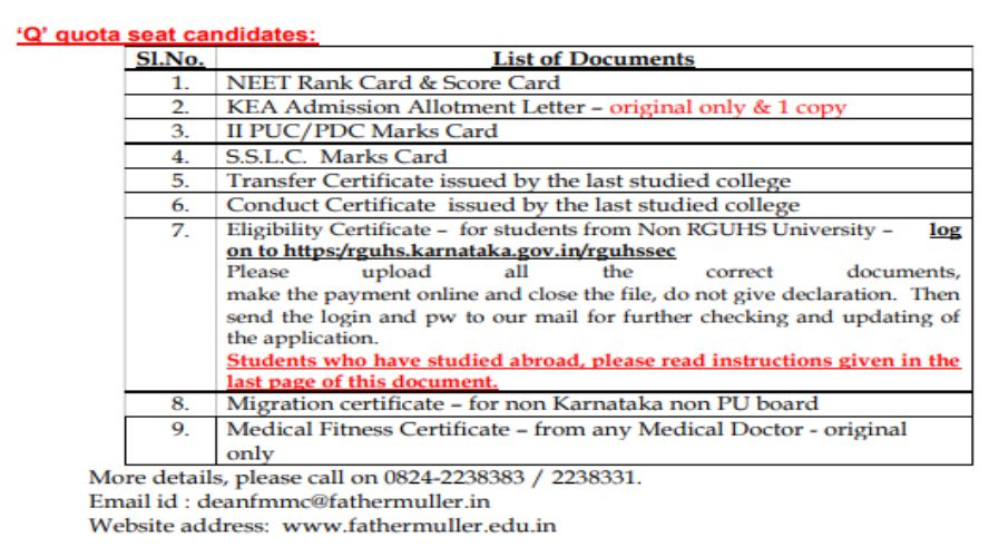 Documents list for q quota seat candidates mbbs admission at basaveshwara medical college