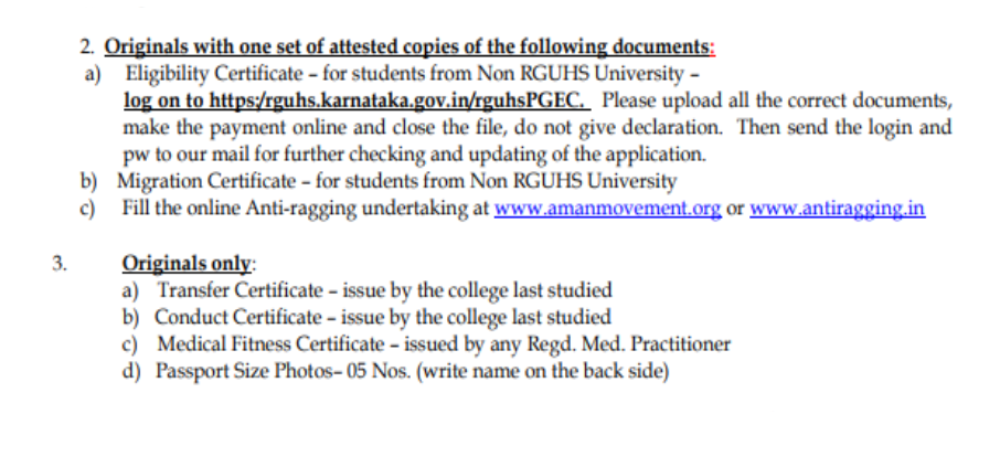 Documents list for pg admission at basaveshwara medical college