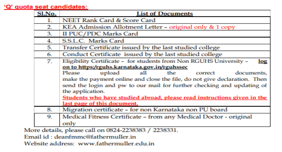 Documents list for q quota seat candidates mbbs admission at aj institute of medical sciences