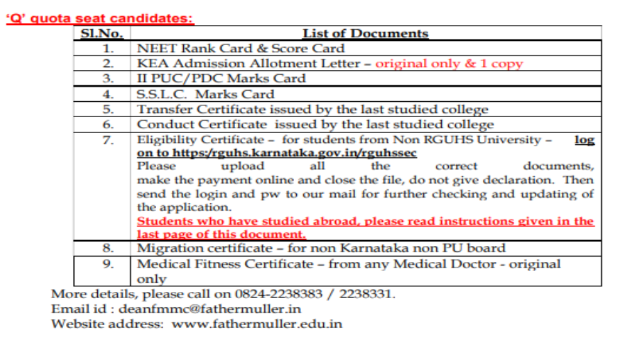 Documents list for q quota seat candidates mbbs admission at adichunchanagiri institute of medical sciences