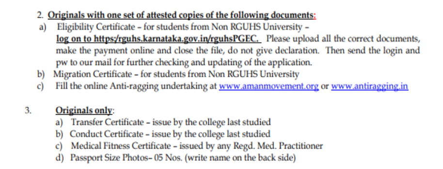 Documents list for pg admission at adichunchanagiri institute of medical sciences