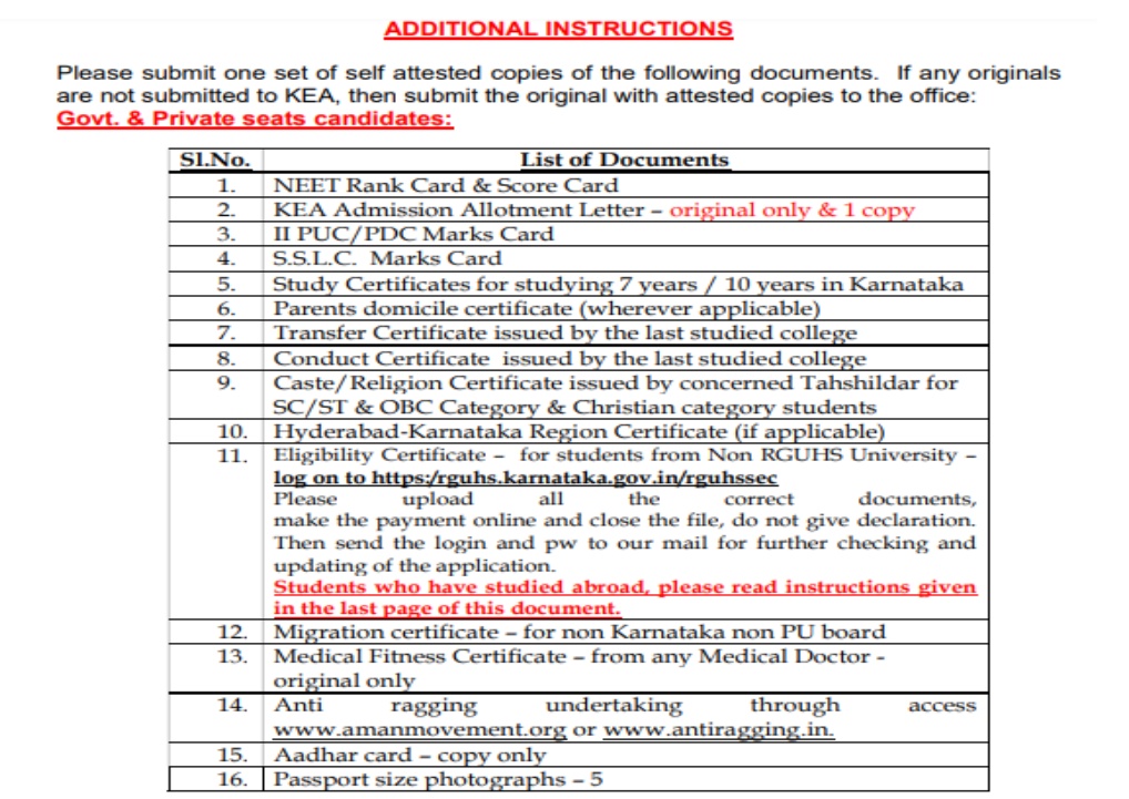 Documents list for mbbs admission at east point medical college