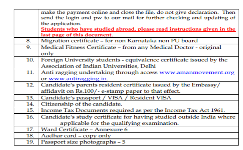 Documents list for nri seat category mbbs admission at east point medical college