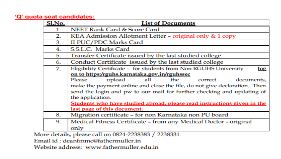 Documents list for q quota seat candidates mbbs admission at east point medical college