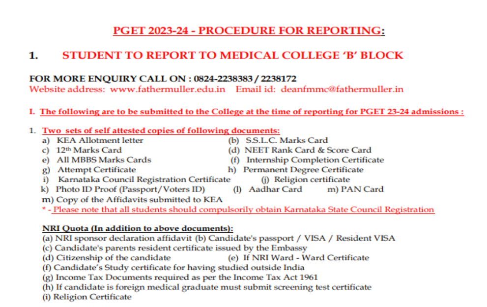 Documents list for pg admission at east point medical college