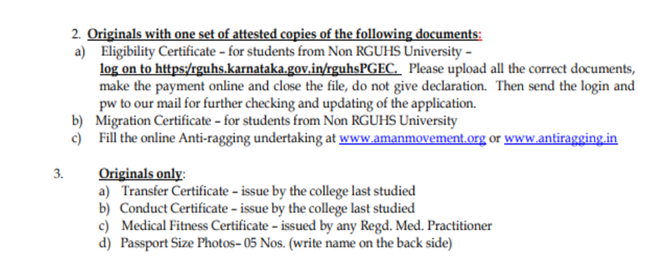 Documents list for pg admission at east point medical college